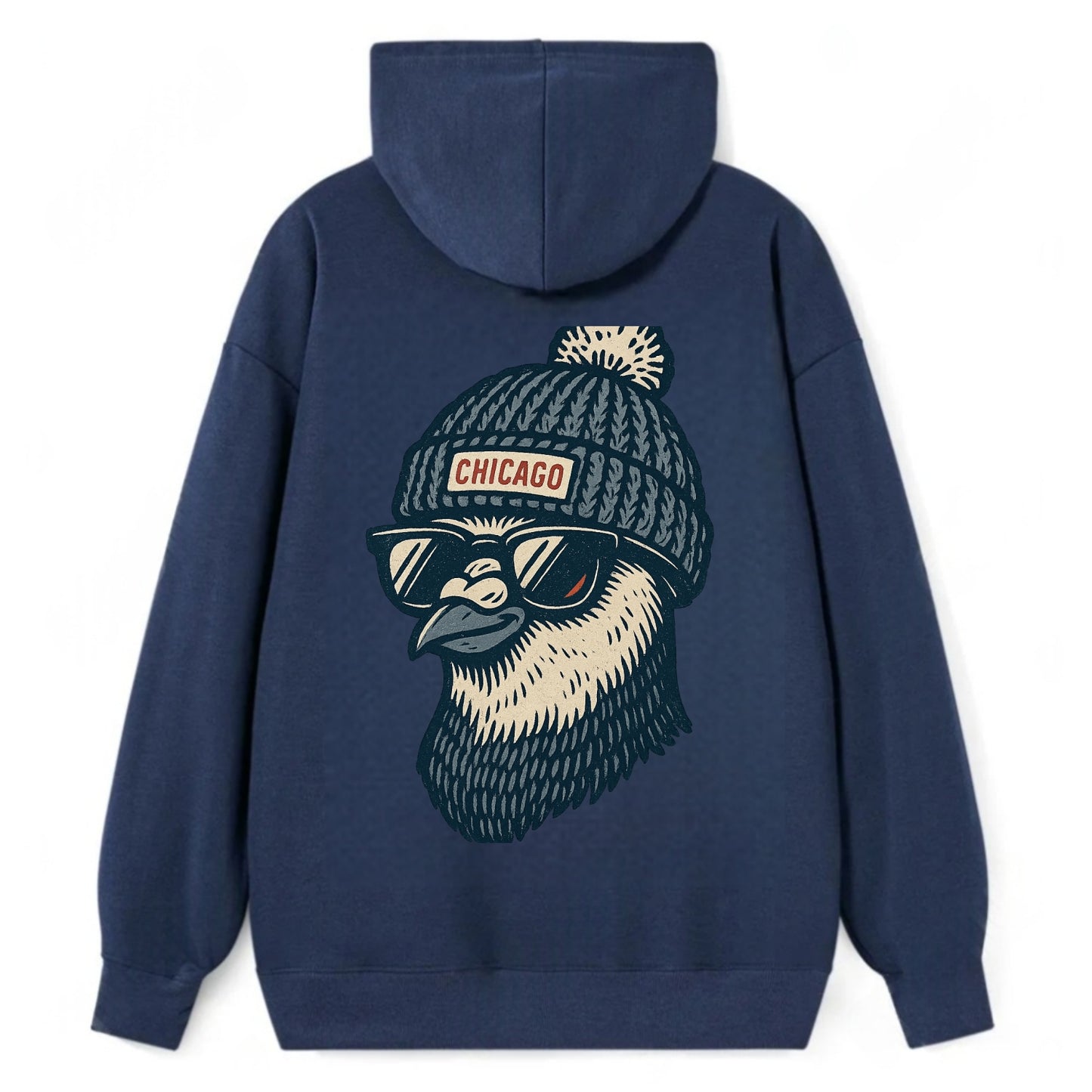 Chicago Pigeon wearing Chicago beanie with pom pom and wayfarer sunglasses - Classic Pullover Hoodie - Navy
