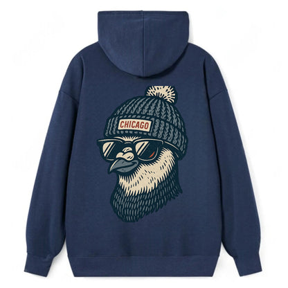 Chicago Pigeon wearing Chicago beanie with pom pom and wayfarer sunglasses - Classic Pullover Hoodie - Navy