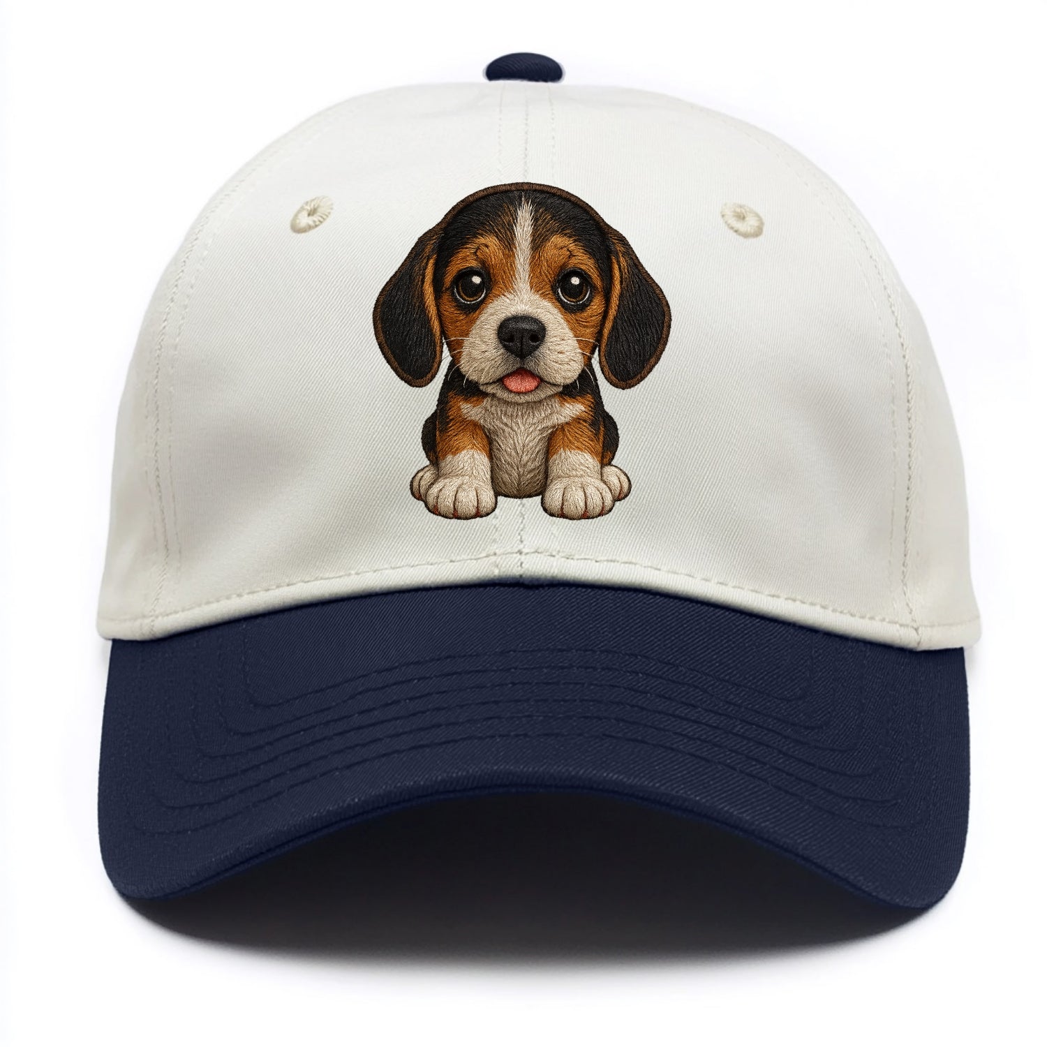 Baby Beagle Puppy - tricolor coat, long droopy ears, big pleading eyes, - Two Tone Cap - Navy