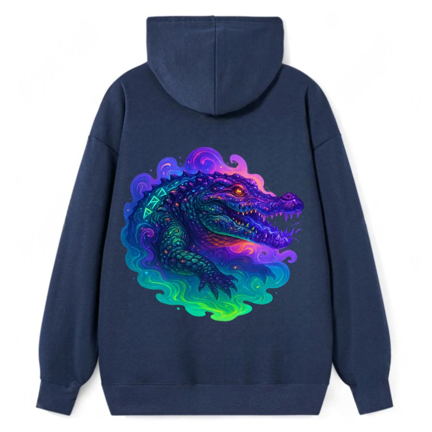 Primordial crocodile with scales pulsing plasma energy in green and - Classic Pullover Hoodie - Navy