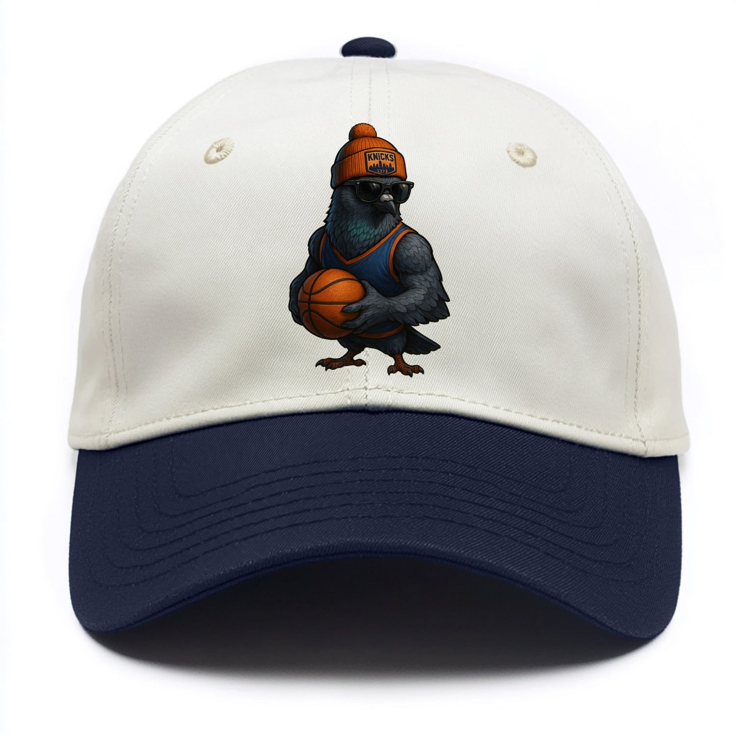 Manhattan Pigeon wearing Knicks beanie with skyline patch and wayfarer sunglasses - Two Tone Cap - Navy