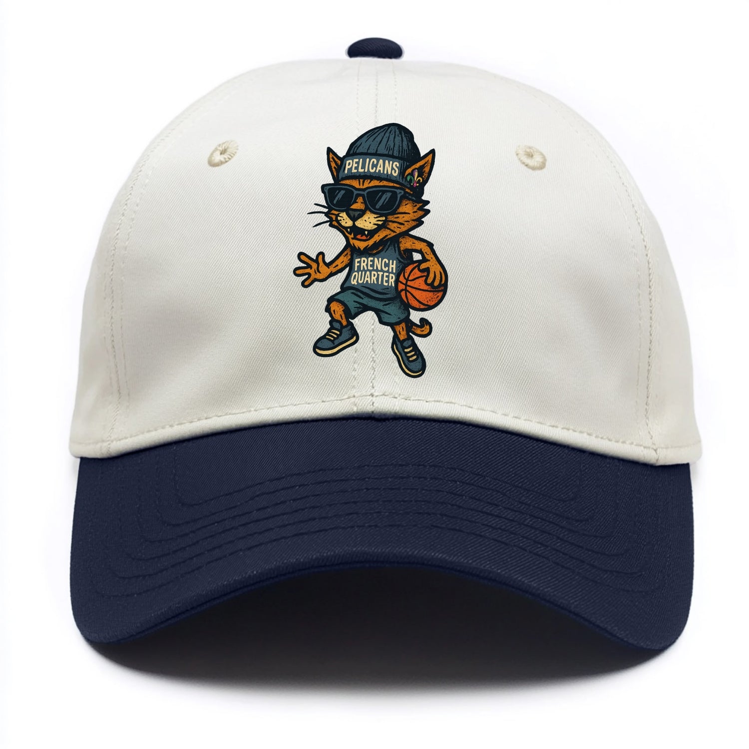 French Quarter Cat wearing Pelicans beanie with Mardi Gras patch and wayfarer - Two Tone Cap - Navy
