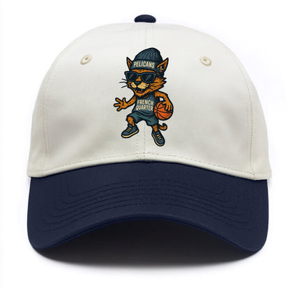 French Quarter Cat wearing Pelicans beanie with Mardi Gras patch and wayfarer - Two Tone Cap - Navy