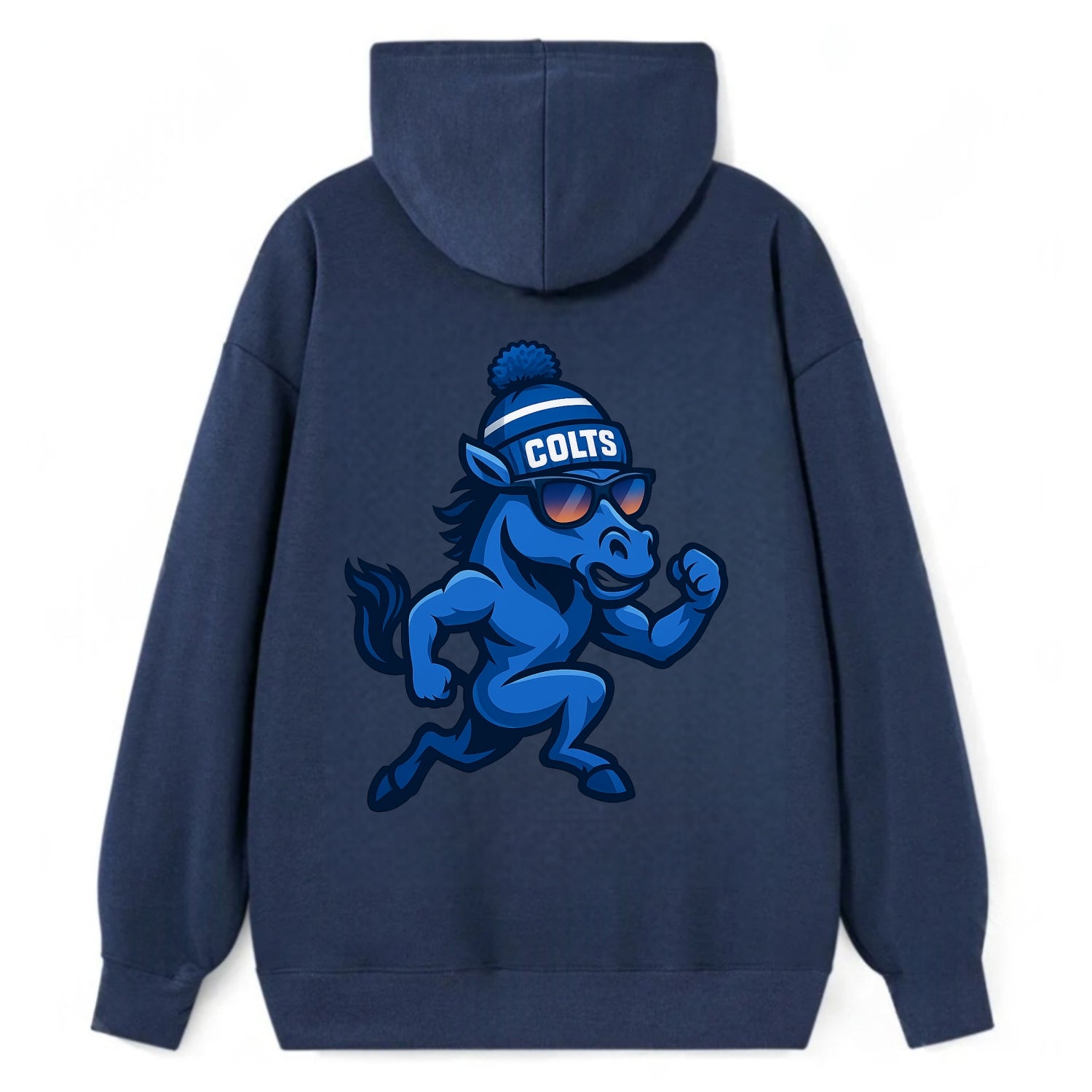 Indianapolis Colt Horse wearing Colts blue and white beanie with pom pom - Classic Pullover Hoodie - Navy