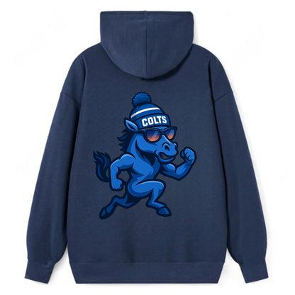 Indianapolis Colt Horse wearing Colts blue and white beanie with pom pom - Classic Pullover Hoodie - Navy