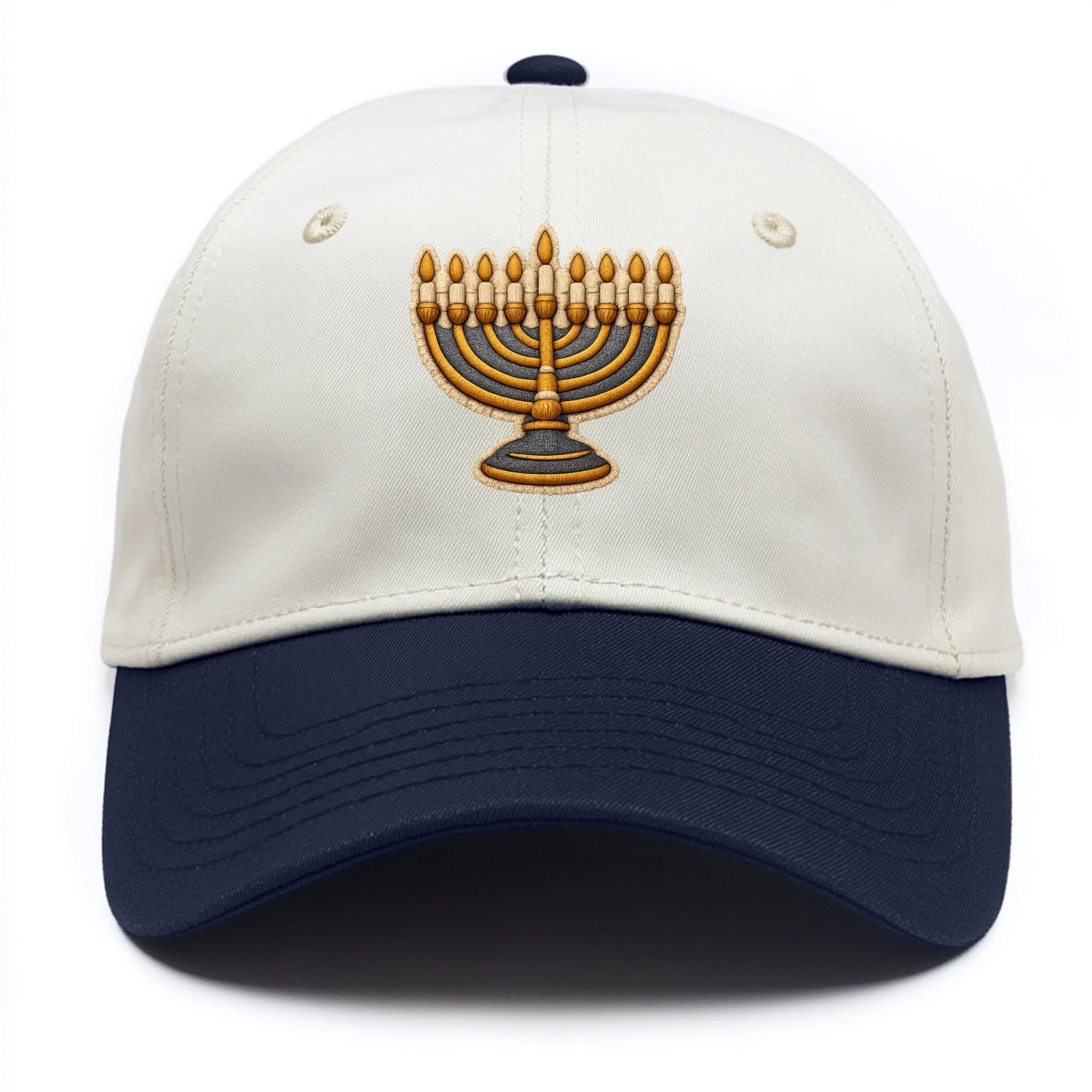 MENORAH LIGHTS - nine branch candelabra in gold and blue , Hanukkah - Two Tone Cap - Navy