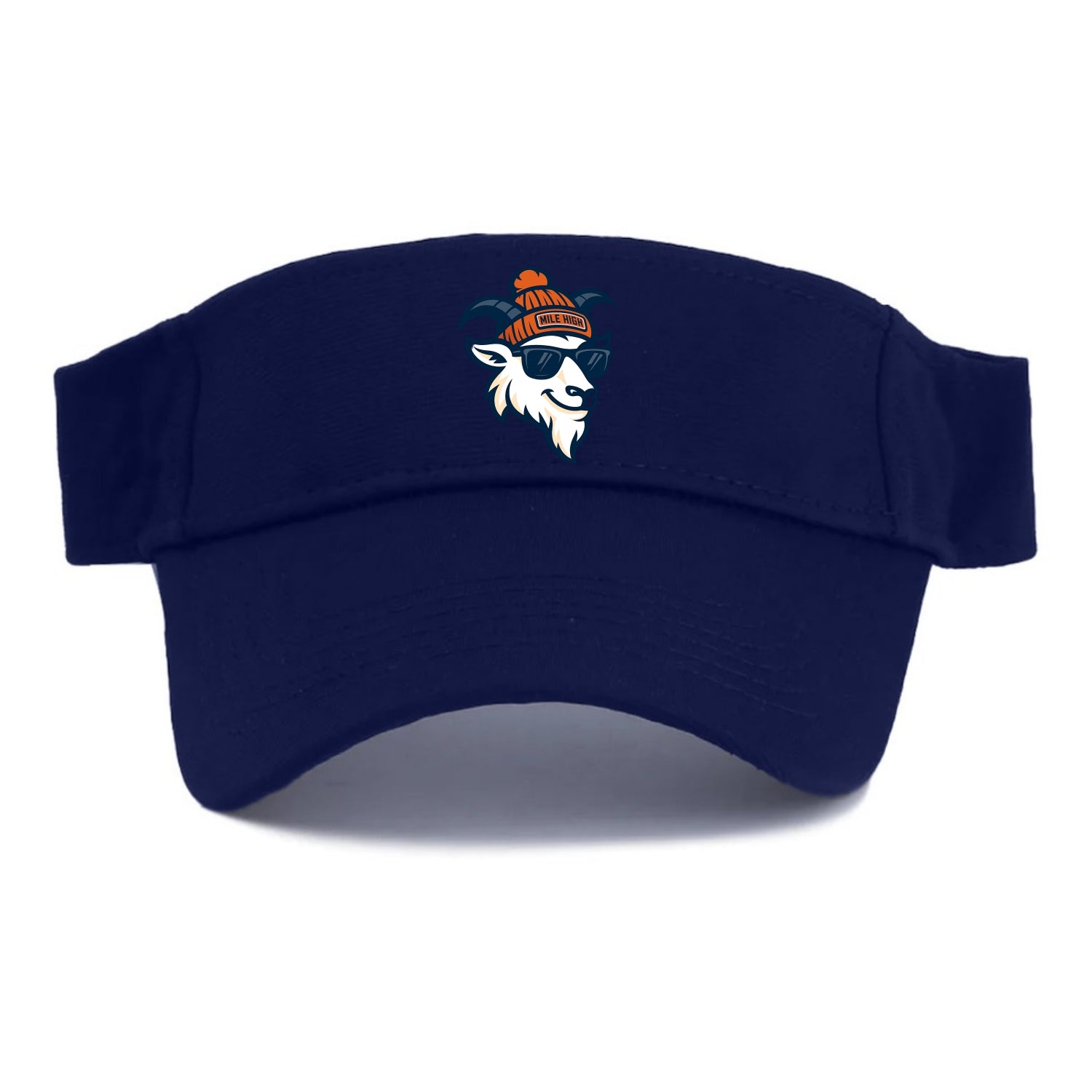 Denver Mountain Goat wearing Broncos beanie with Mile High patch and wayfarer sunglasses - Visor - Navy