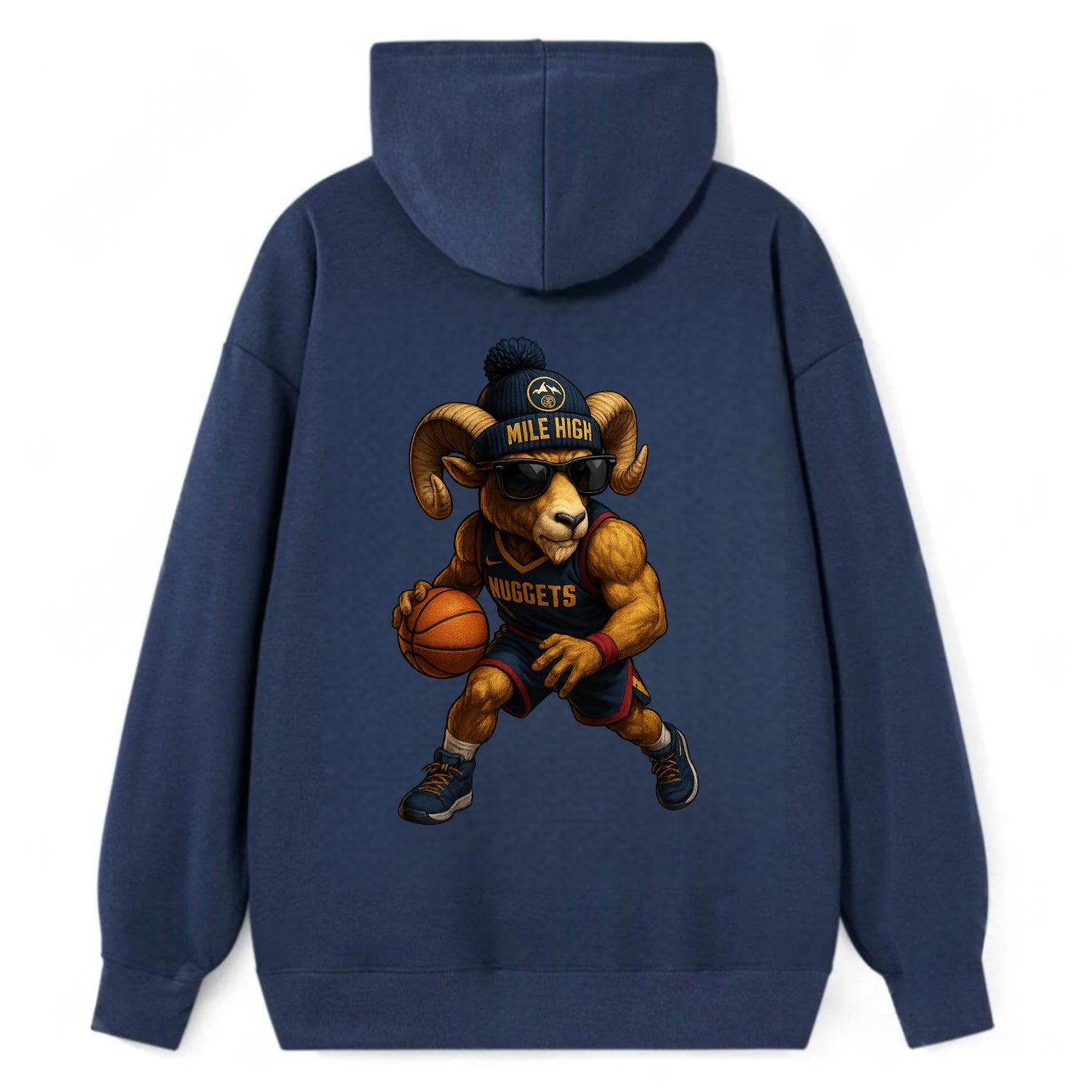 Mile High Bighorn wearing Nuggets beanie with mountain patch and wayfarer - Classic Pullover Hoodie - Navy