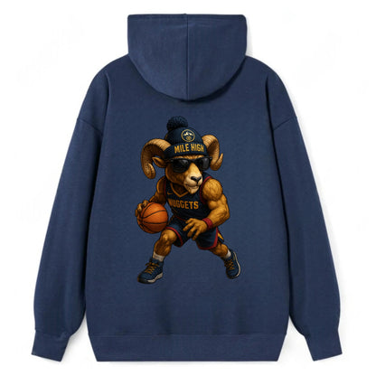 Mile High Bighorn wearing Nuggets beanie with mountain patch and wayfarer - Classic Pullover Hoodie - Navy