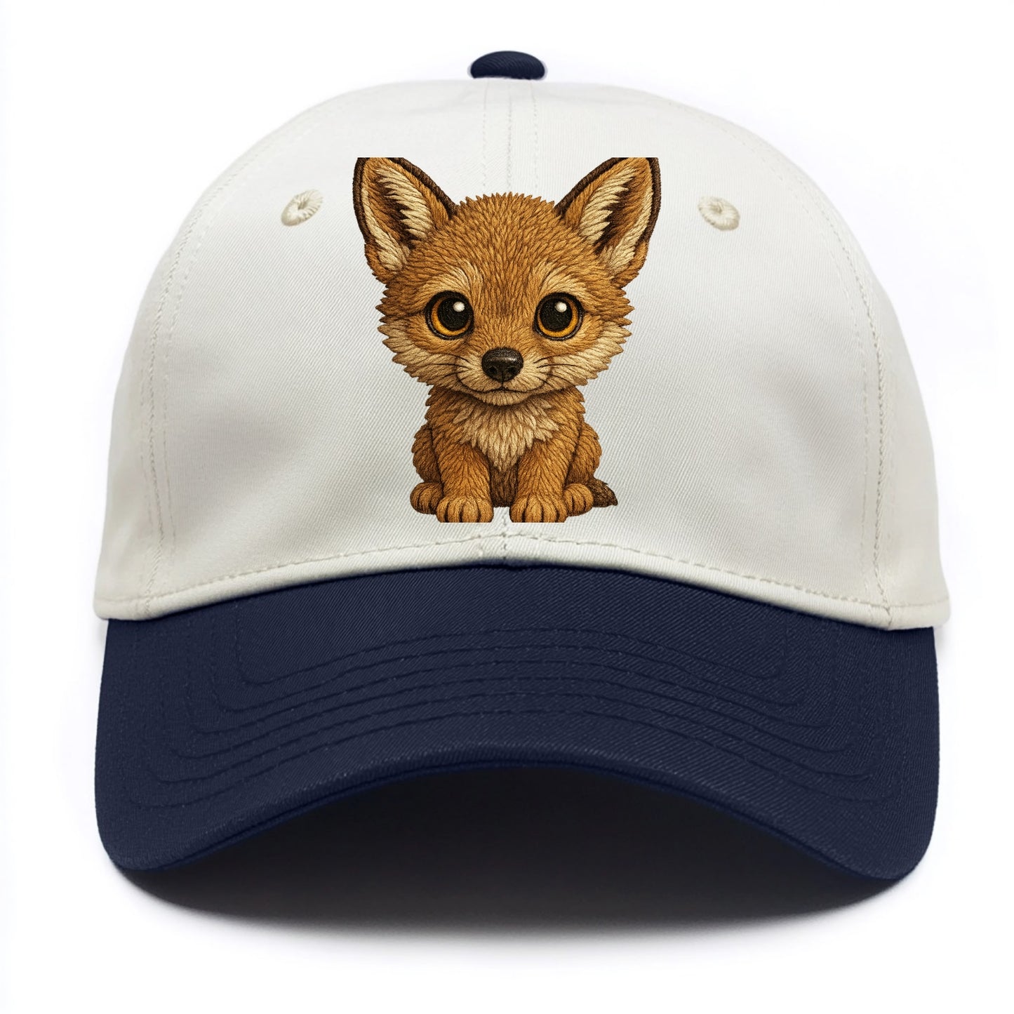 Baby Coyote Pup - tan fur, large ears, golden eyes, front-facing, clever baby - Two Tone Cap - Navy