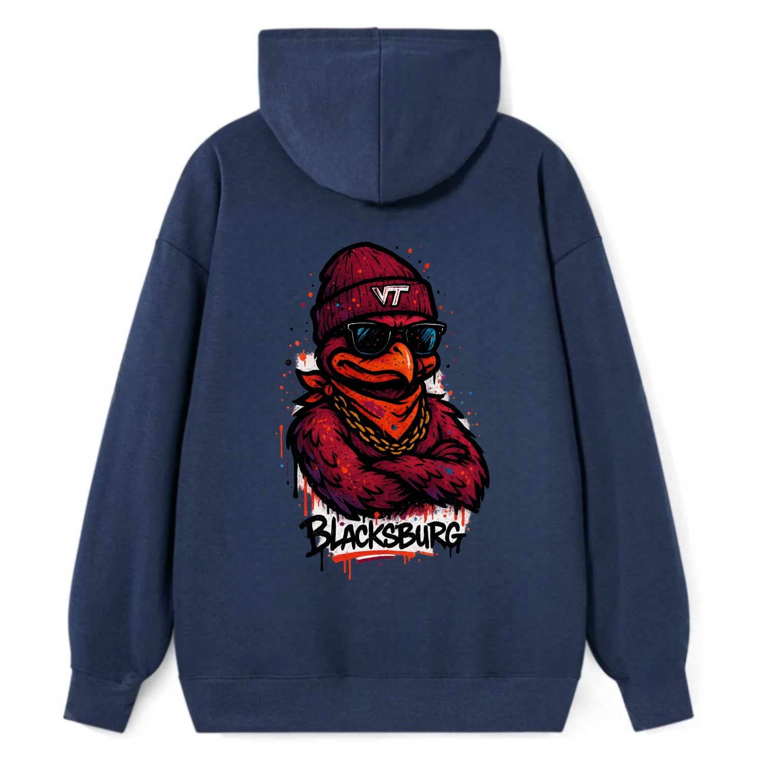 Blacksburg HokieBird wearing Virginia Tech beanie with VT patch - Classic Pullover Hoodie - Navy