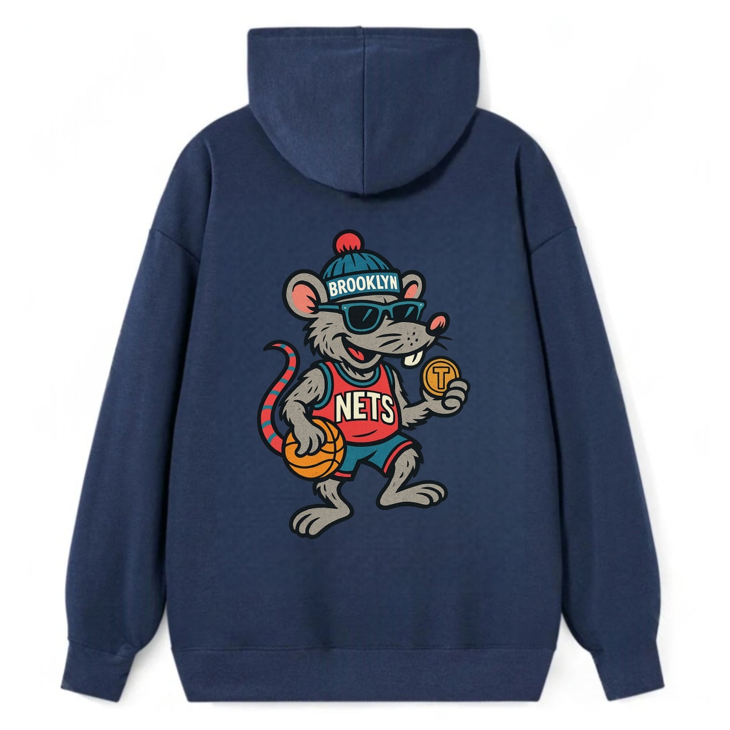 Brooklyn Rat wearing Nets beanie with subway token and wayfarer sunglasses - Classic Pullover Hoodie - Navy