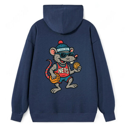 Brooklyn Rat wearing Nets beanie with subway token and wayfarer sunglasses - Classic Pullover Hoodie - Navy
