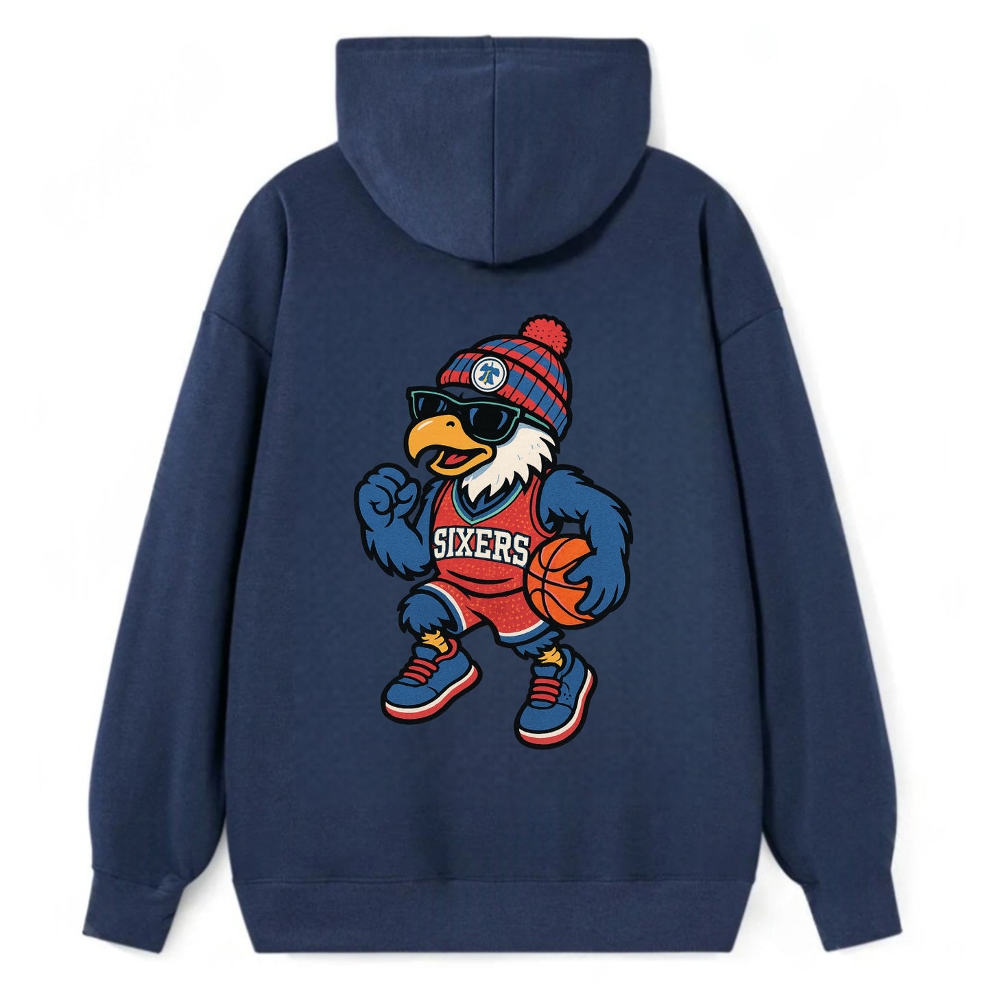 Philadelphia Eagle wearing 76ers red white and blue beanie with bell - Classic Pullover Hoodie - Navy