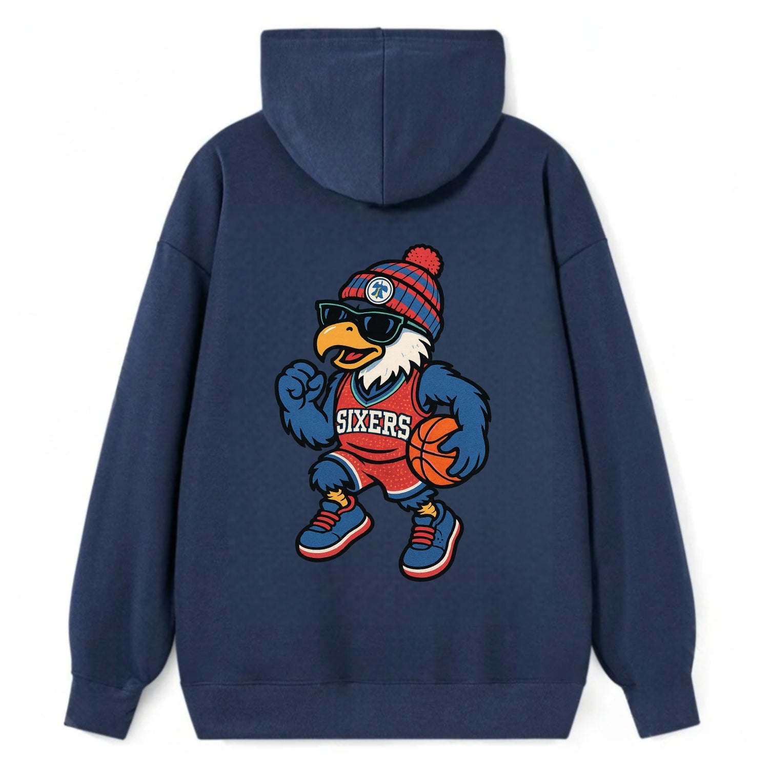Philadelphia Eagle wearing 76ers red white and blue beanie with bell - Classic Pullover Hoodie - Navy