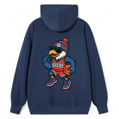 Philadelphia Eagle wearing 76ers red white and blue beanie with bell - Classic Pullover Hoodie - Navy