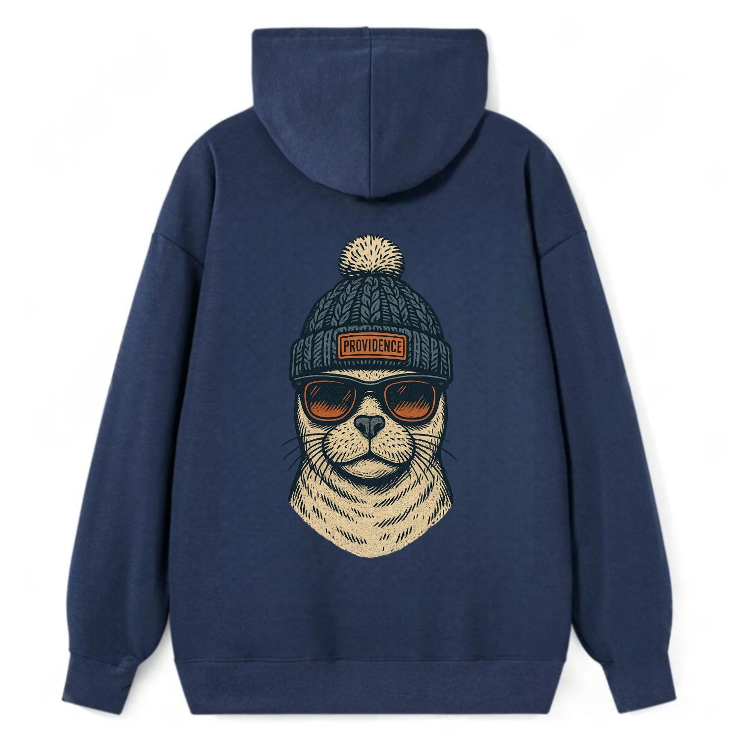 Rhode Island Harbor Seal wearing Providence beanie with pom pom and - Classic Pullover Hoodie - Navy