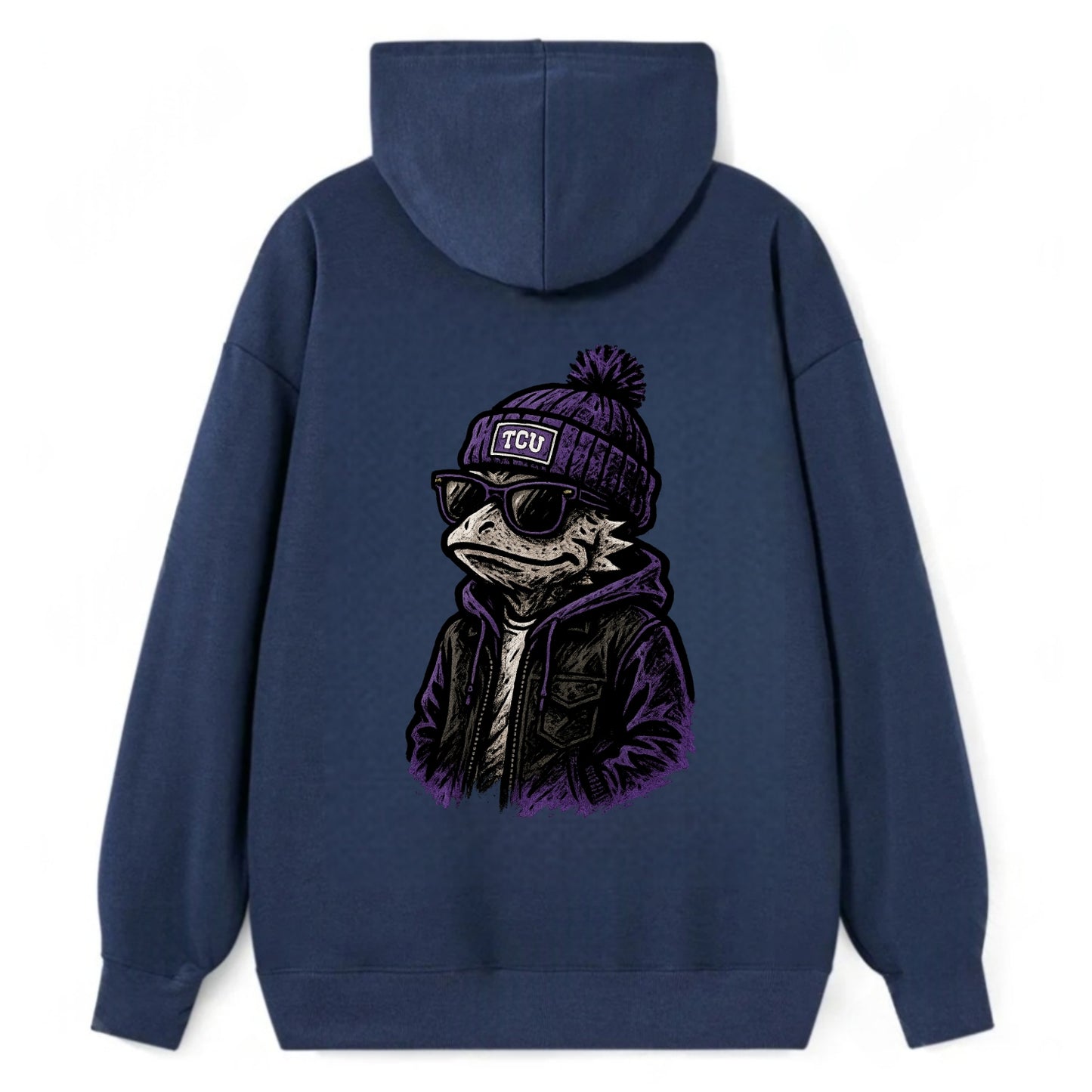 Fort Worth Frog wearing TCU beanie with horned patch - Classic Pullover Hoodie - Navy