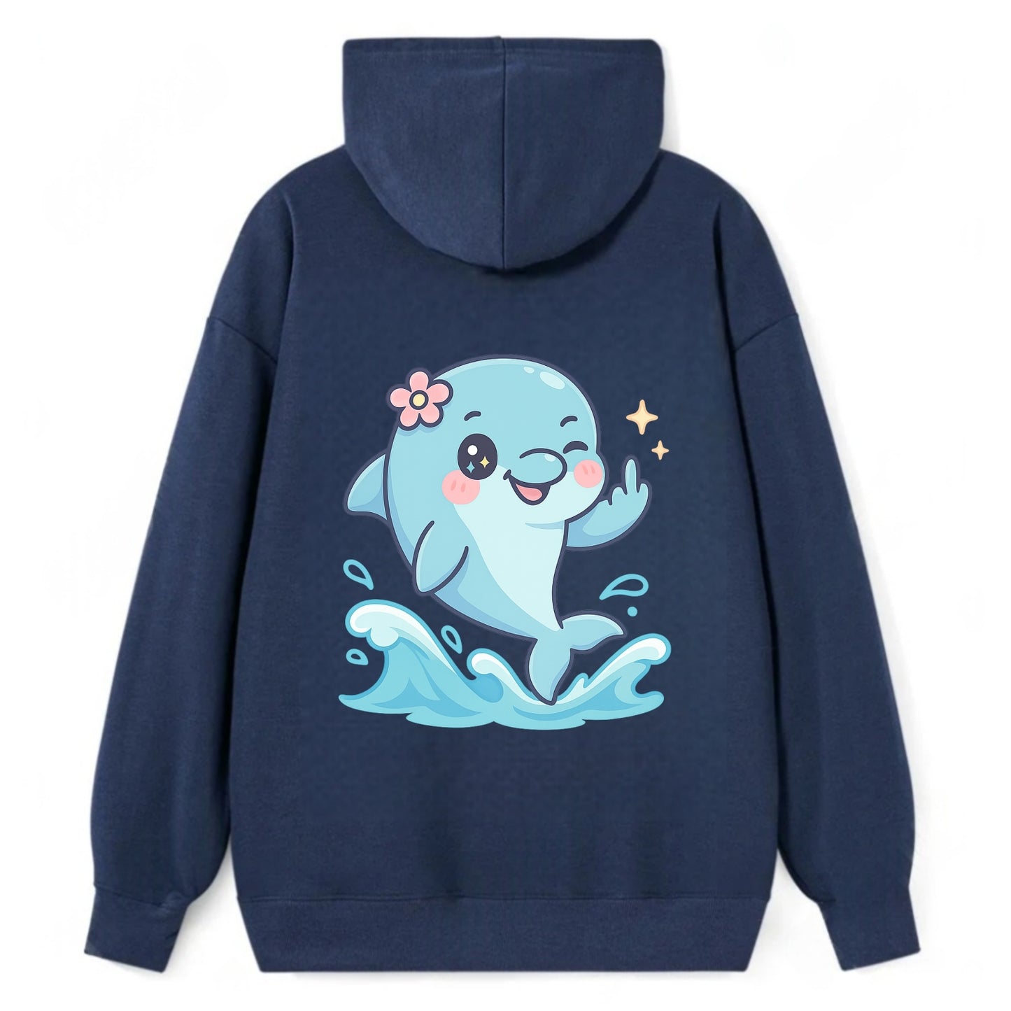 smiling dolphin jumping through ocean waves, one fin up with attitude - Classic Pullover Hoodie - Navy