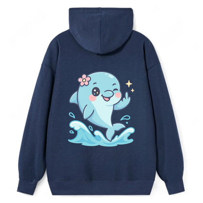 smiling dolphin jumping through ocean waves, one fin up with attitude - Classic Pullover Hoodie - Navy