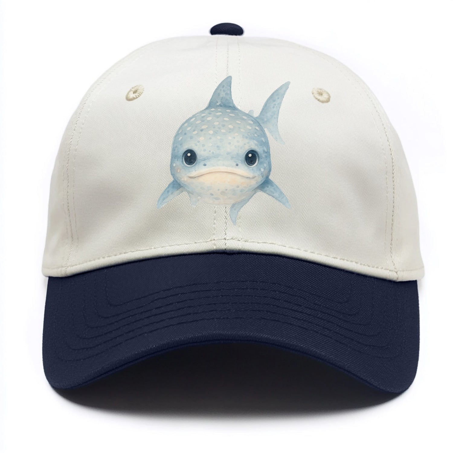 Baby Whale Shark - spotted blue-gray, wide mouth closed, tiny eyes, front-facing, - Two Tone Cap - Navy