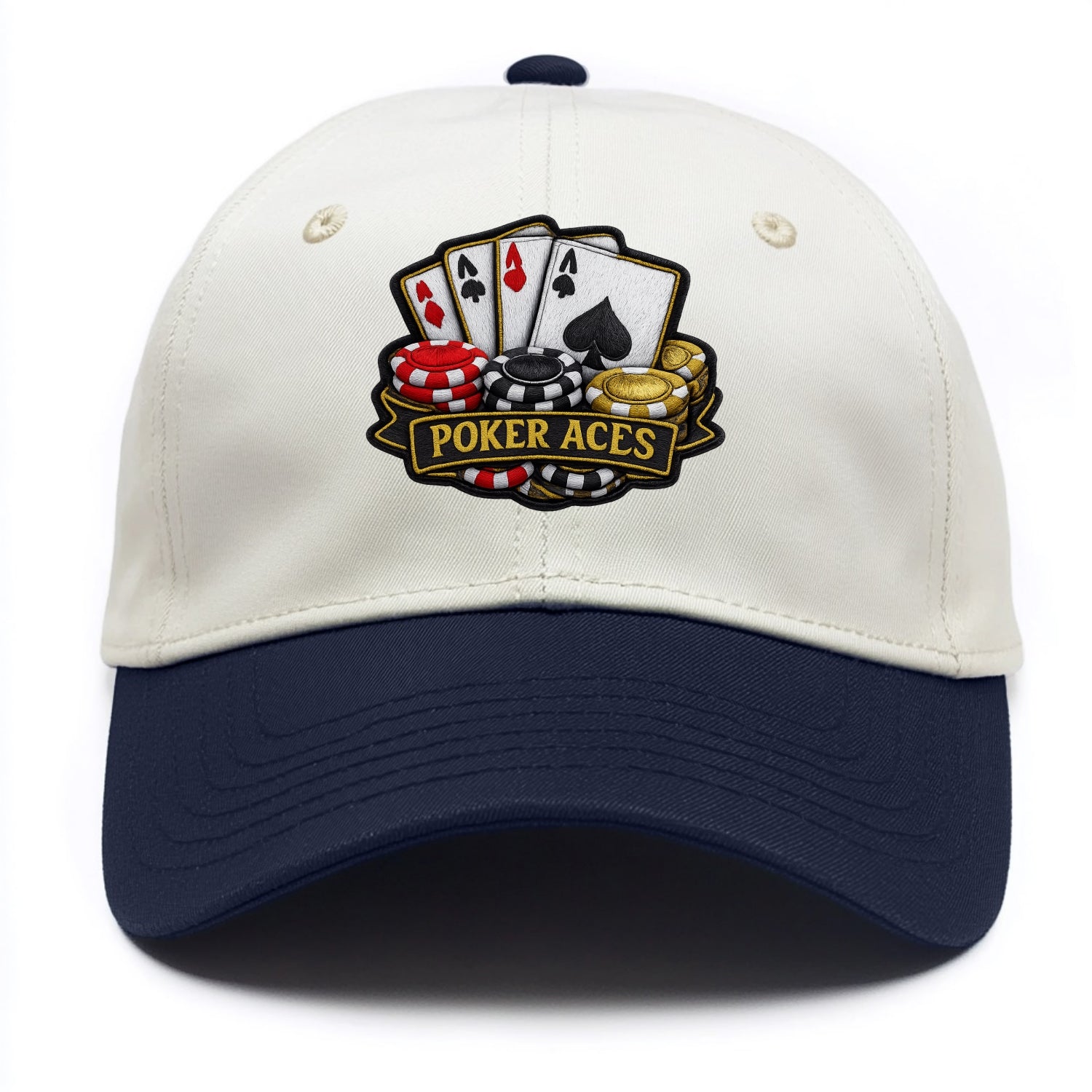 Embroidered patch design - POKER ACES - four aces with chips in red, black and gold - Two Tone Cap - Navy