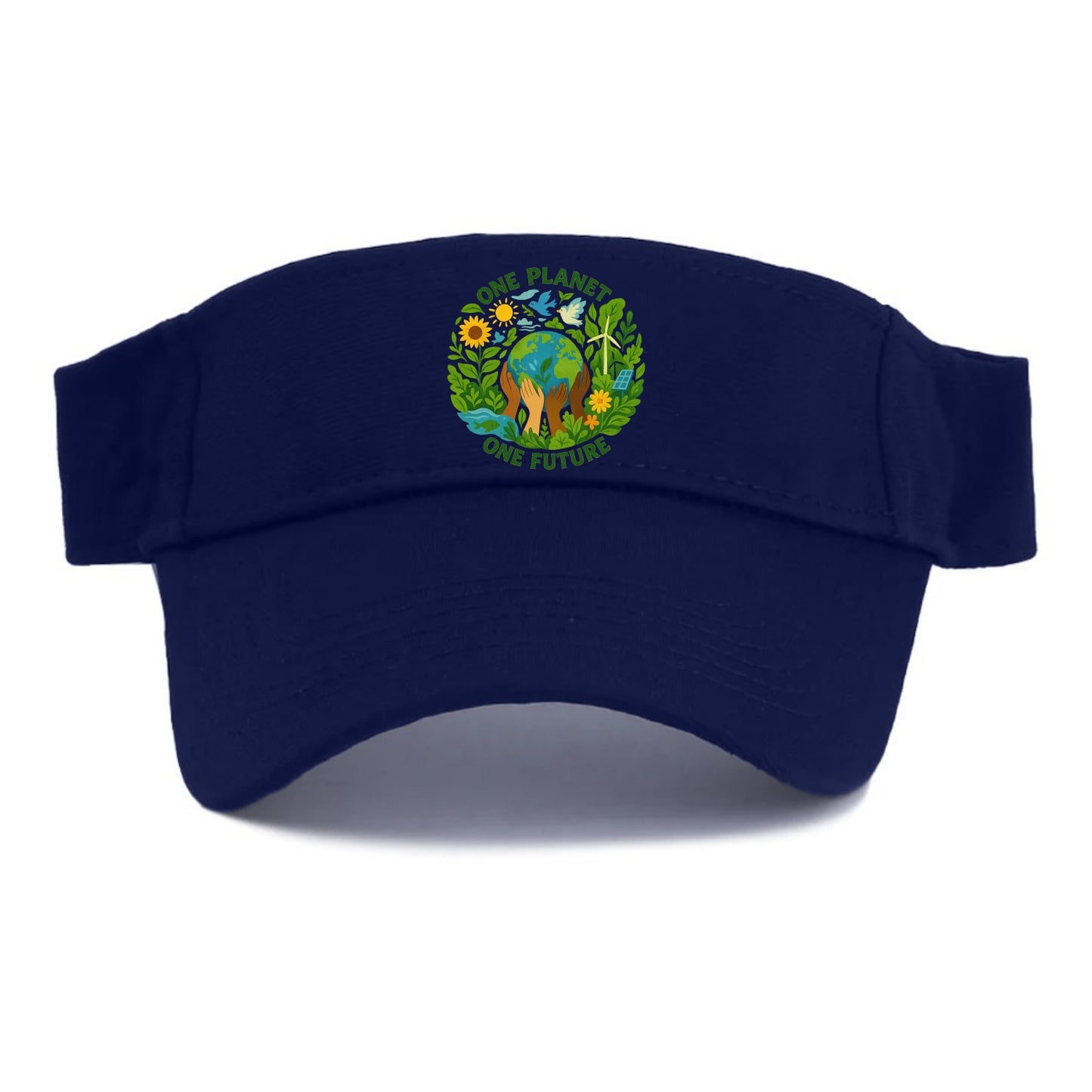 Globe surrounded by hands of all colors working together - "One Planet, One Future" - - Visor - Navy