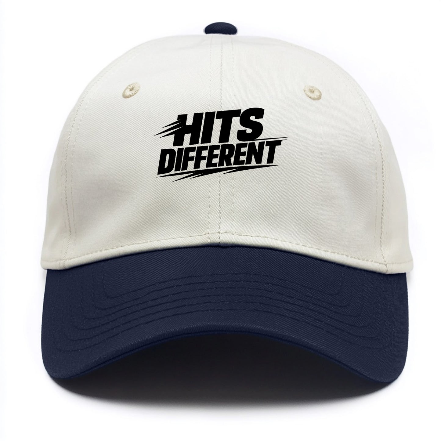 Bold typography design - "HITS DIFFERENT" - uniquely special, stands out - Two Tone Cap - Navy
