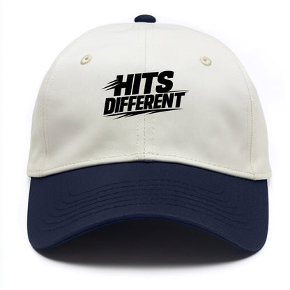 Bold typography design - "HITS DIFFERENT" - uniquely special, stands out - Two Tone Cap - Navy