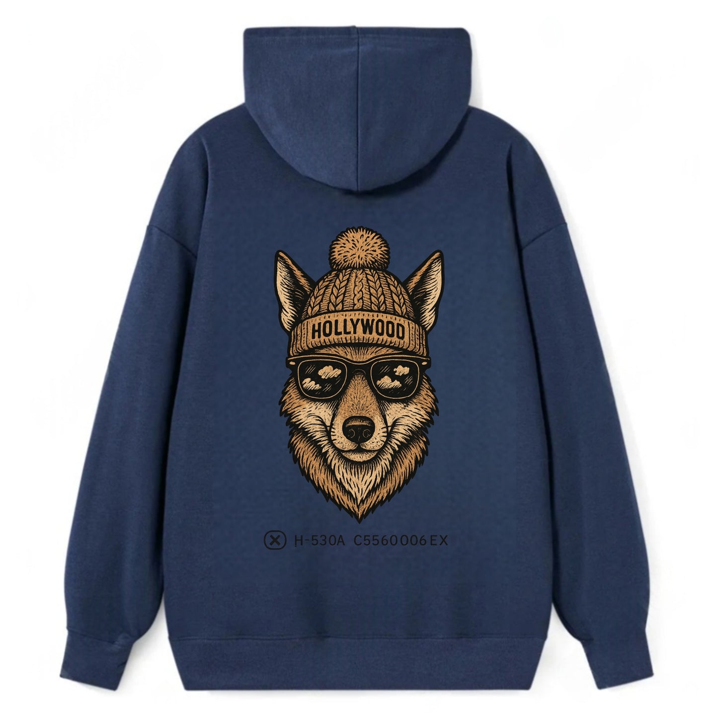 LA Coyote wearing Hollywood beanie with pom pom and wayfarer sunglasses - Classic Pullover Hoodie - Navy