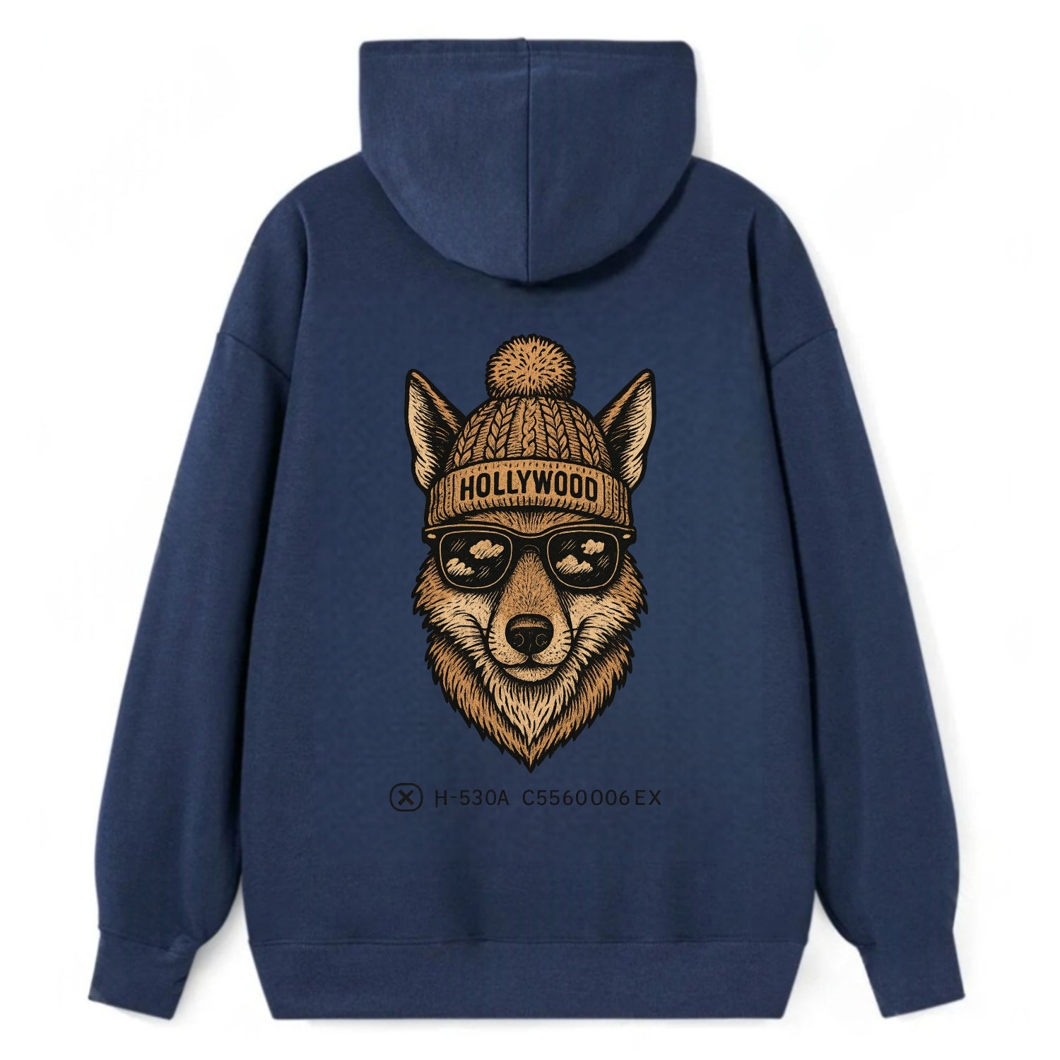 LA Coyote wearing Hollywood beanie with pom pom and wayfarer sunglasses - Classic Pullover Hoodie - Navy