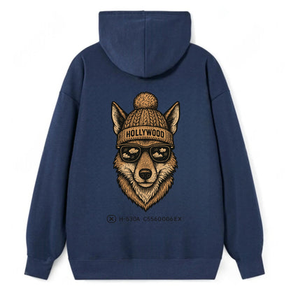LA Coyote wearing Hollywood beanie with pom pom and wayfarer sunglasses - Classic Pullover Hoodie - Navy