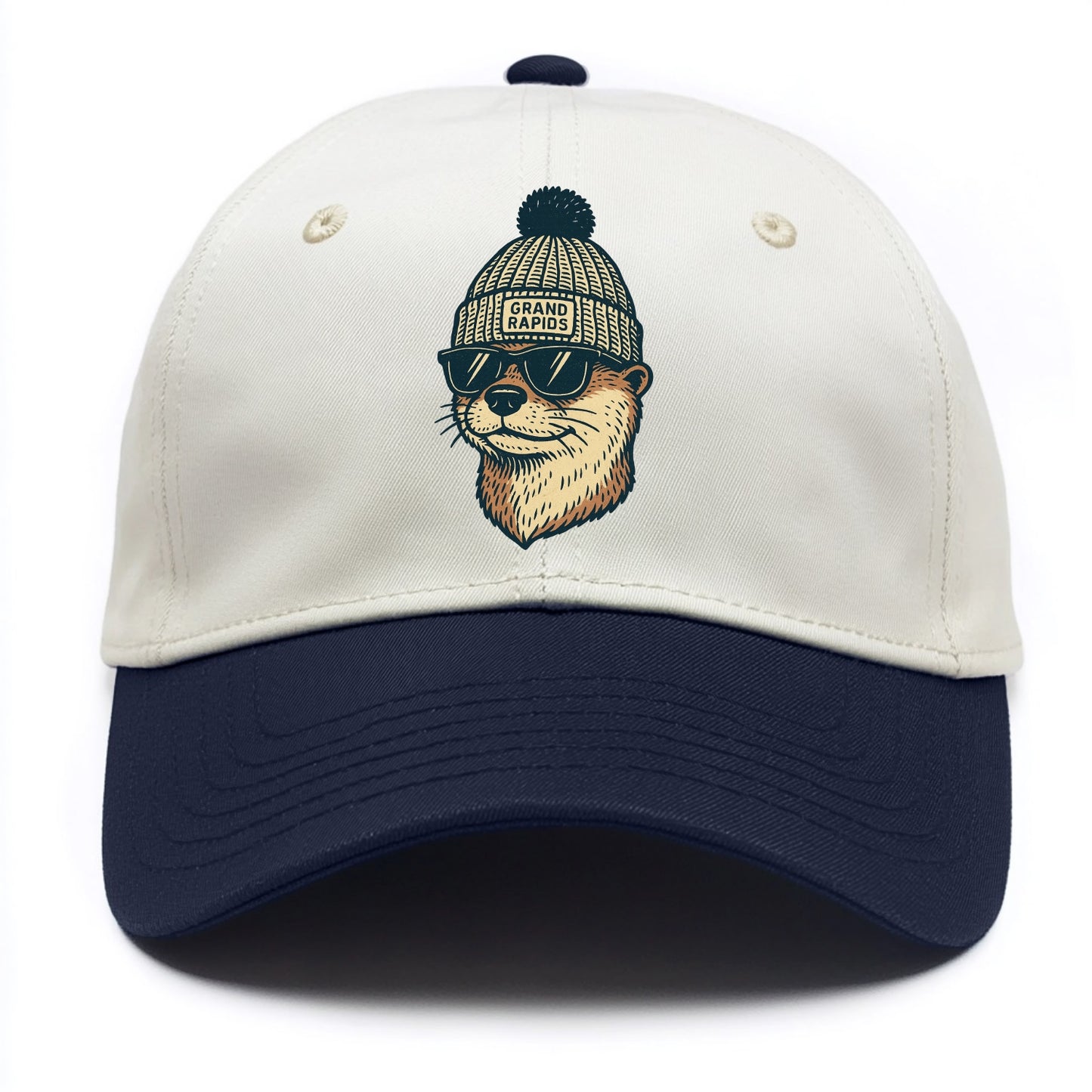 Grand Rapids River Otter wearing Grand Rapids beanie with pom pom and wayfarer - Two Tone Cap - Navy