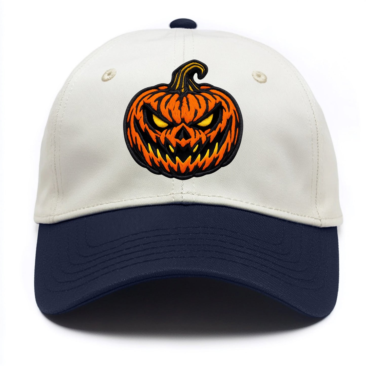 HALLOWEEN PUMPKIN - jack o lantern in orange and black , spooky - Two Tone Cap - Navy