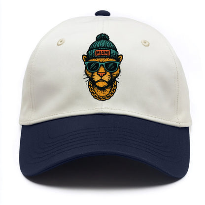 Florida Panther wearing Miami beanie with pom pom and wayfarer sunglasses - Two Tone Cap - Navy