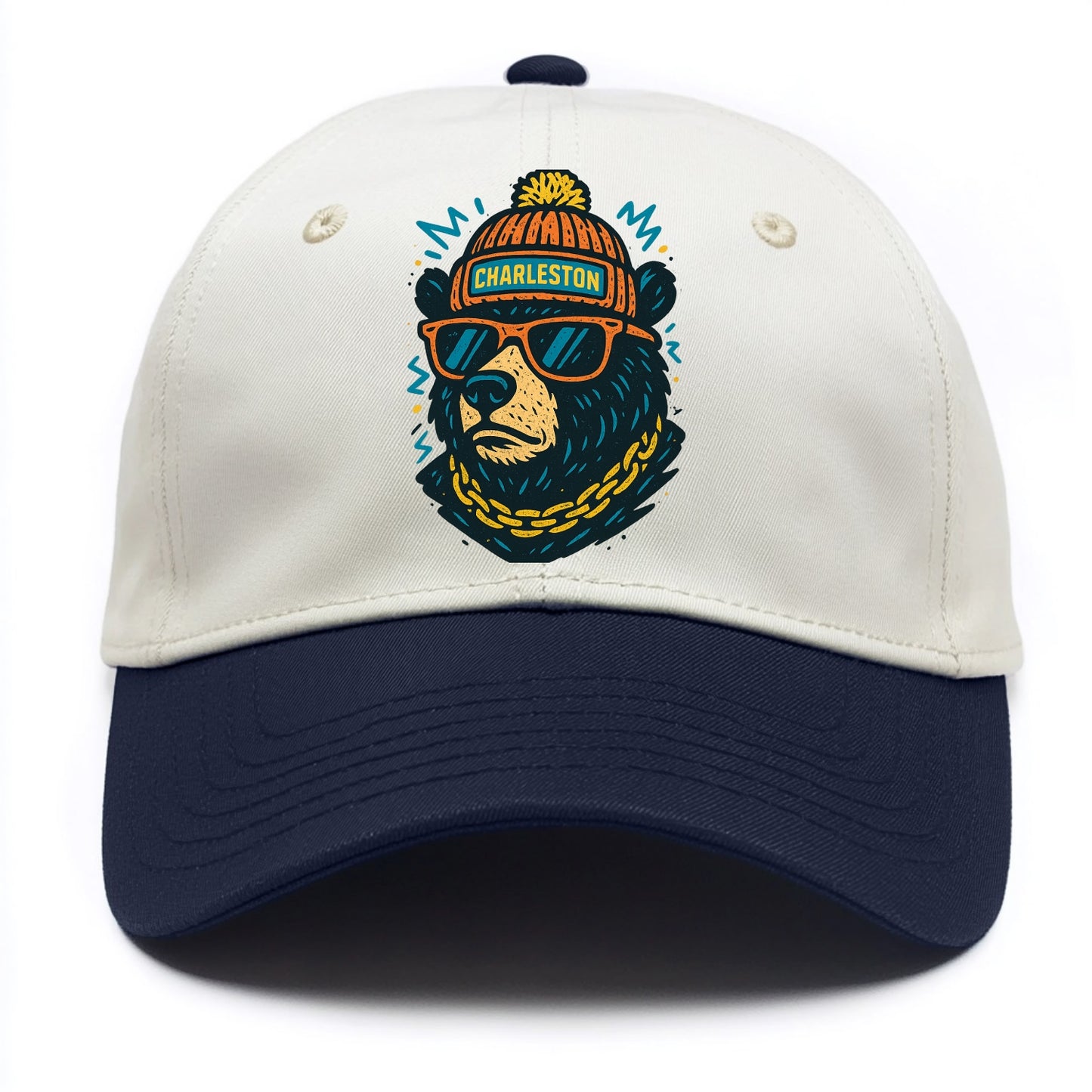 West Virginia Black Bear wearing Charleston beanie with pom pom and wayfarer - Two Tone Cap - Navy