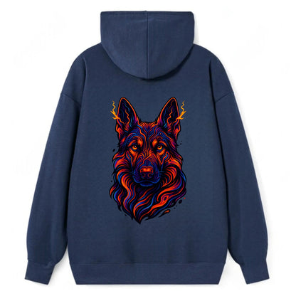 Alert German Shepherd with cyber circuit patterns in the fur, neon orange - Classic Pullover Hoodie - Navy