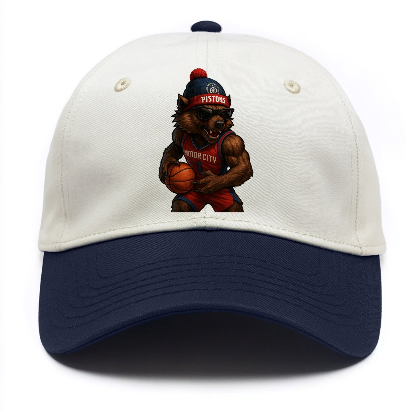 Motor City Wolverine wearing Pistons beanie with gear patch and wayfarer sunglasses - Two Tone Cap - Navy