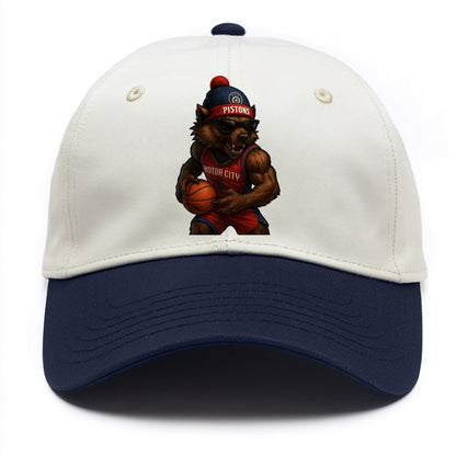 Motor City Wolverine wearing Pistons beanie with gear patch and wayfarer sunglasses - Two Tone Cap - Navy