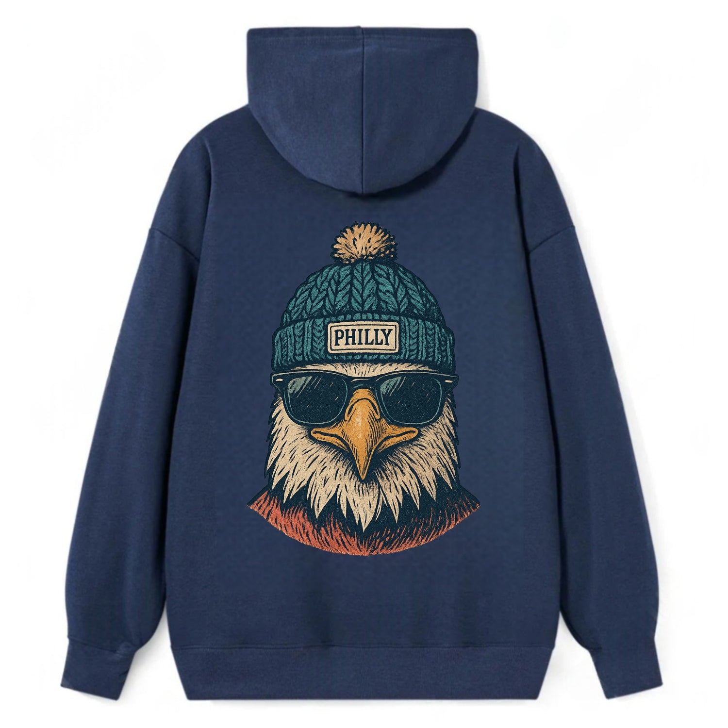 Philadelphia Eagle wearing Philly beanie with pom pom and wayfarer - Classic Pullover Hoodie - Navy