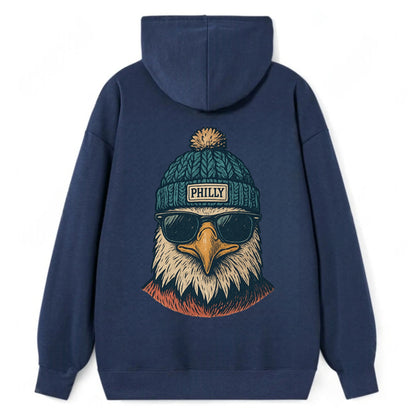 Philadelphia Eagle wearing Philly beanie with pom pom and wayfarer - Classic Pullover Hoodie - Navy