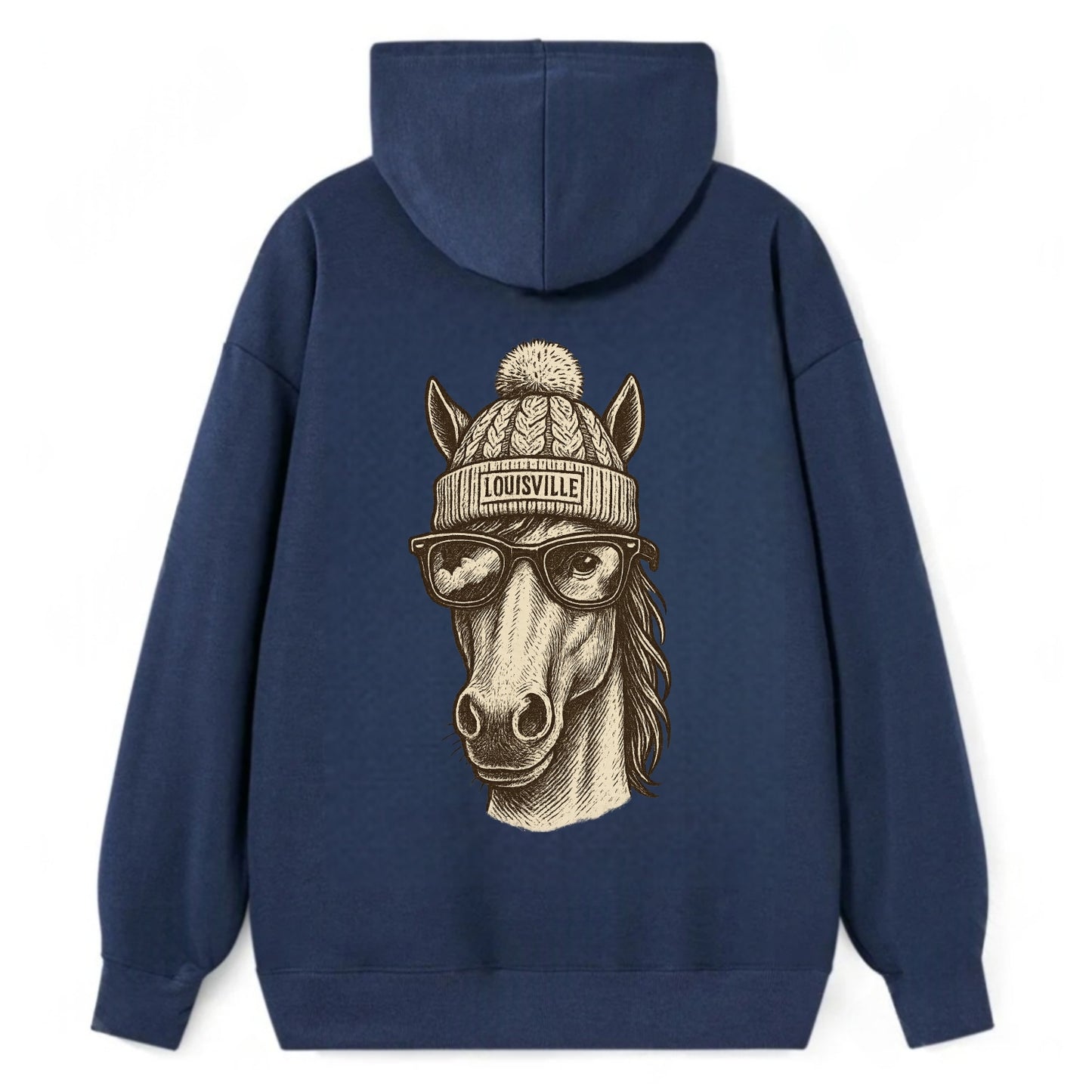 Kentucky Thoroughbred Horse wearing Louisville beanie with pom pom and - Classic Pullover Hoodie - Navy