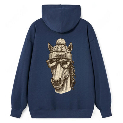 Kentucky Thoroughbred Horse wearing Louisville beanie with pom pom and - Classic Pullover Hoodie - Navy
