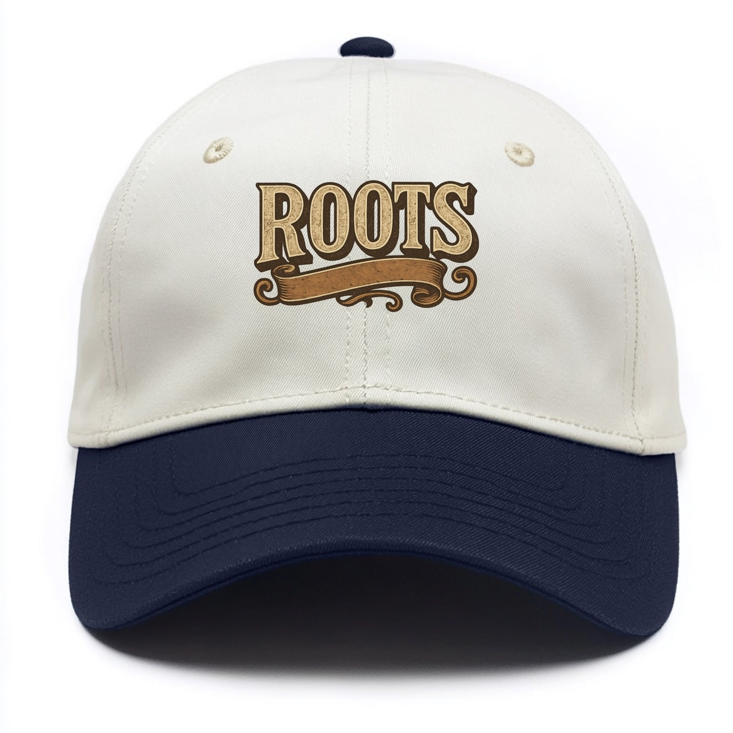 Bold typography design - "ROOTS" - where you come from, heritage - Two Tone Cap - Navy