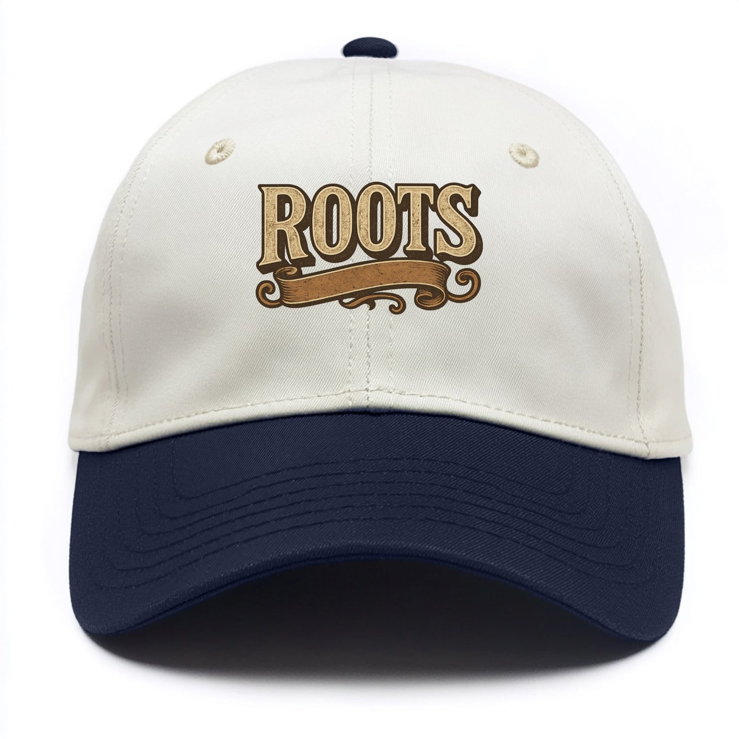 Bold typography design - "ROOTS" - where you come from, heritage - Two Tone Cap - Navy