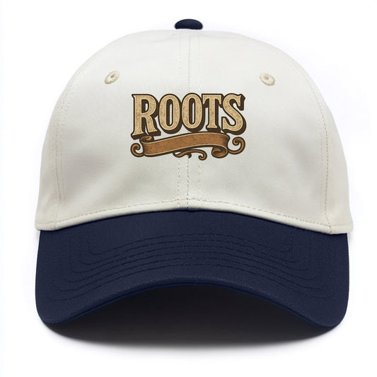 Bold typography design - "ROOTS" - where you come from, heritage - Two Tone Cap - Navy