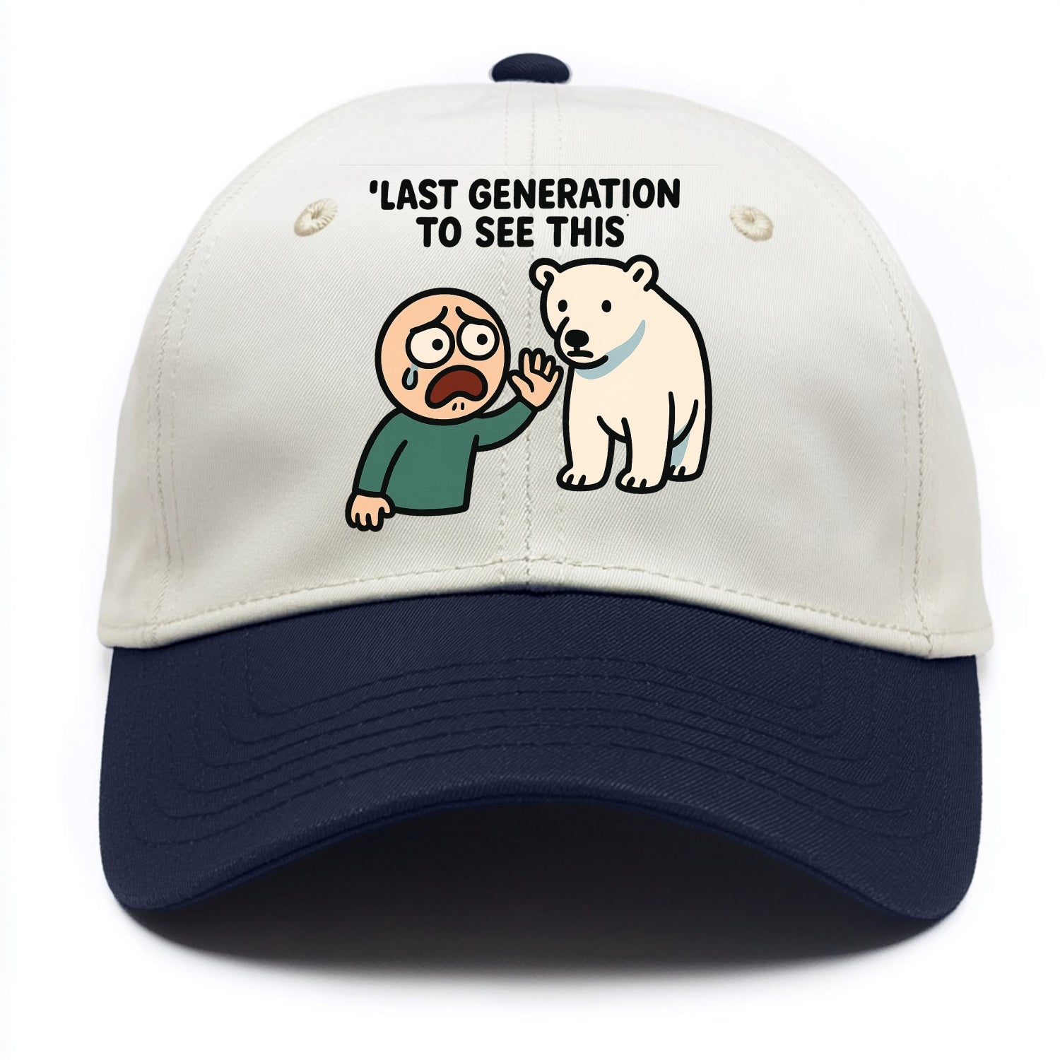 Person waving goodbye to polar bear - "Last generation to see this" - extinction - Two Tone Cap - Navy