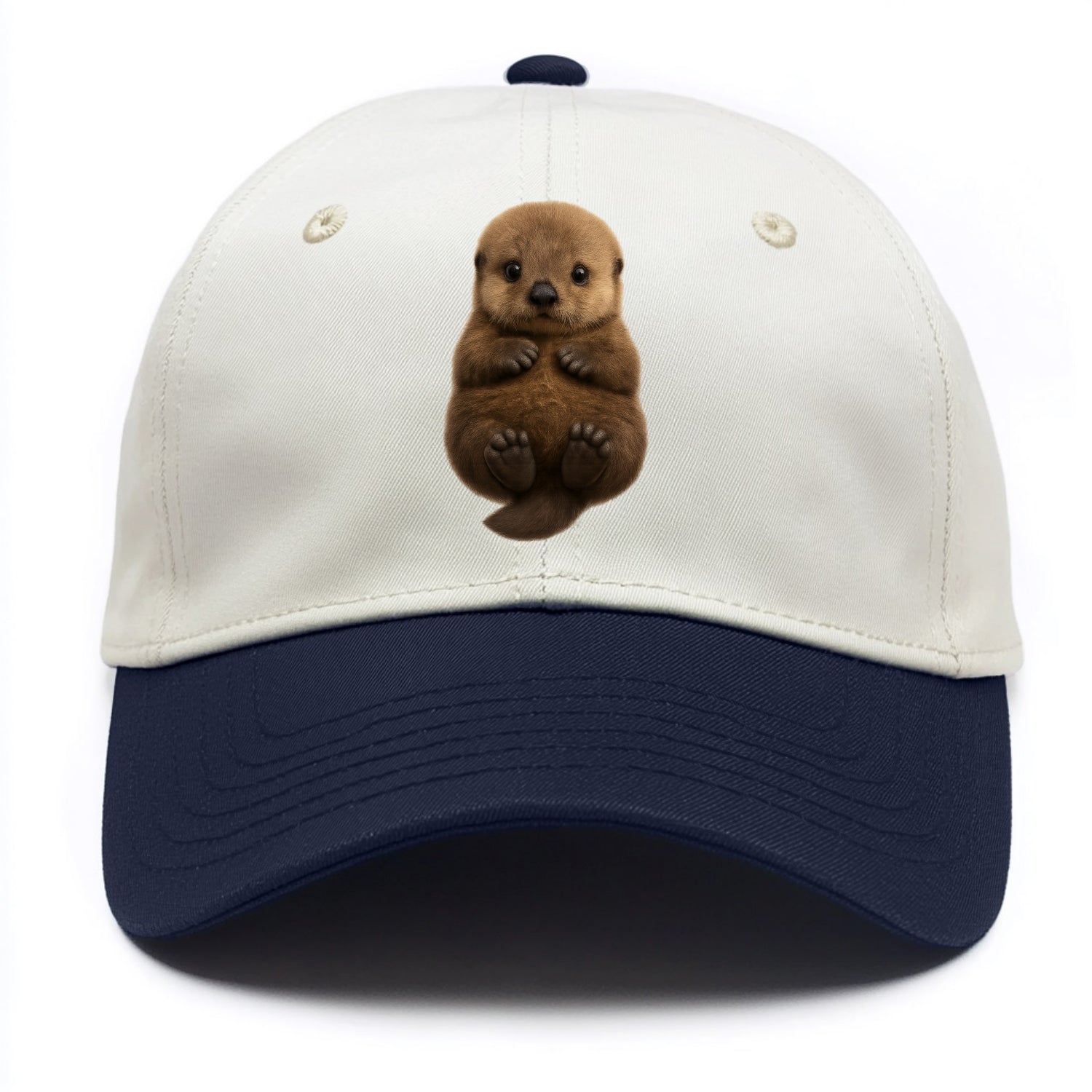 Baby Sea Otter - brown fluffy, floating on back, tiny paws, bright eyes, - Two Tone Cap - Navy