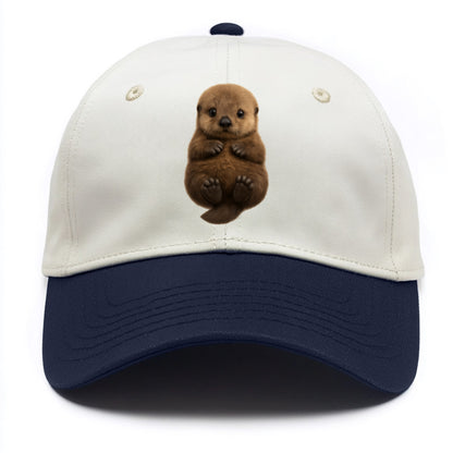 Baby Sea Otter - brown fluffy, floating on back, tiny paws, bright eyes, - Two Tone Cap - Navy