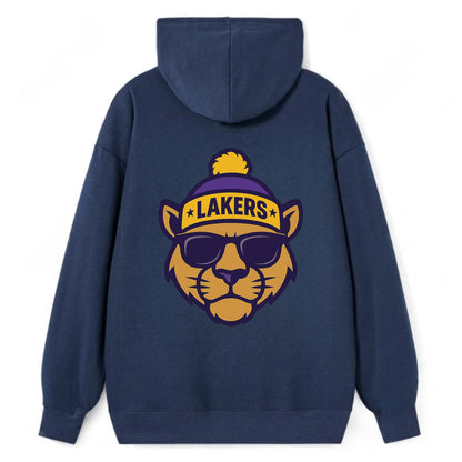 LA Mountain Lion wearing Lakers purple and gold beanie with championship - Classic Pullover Hoodie - Navy